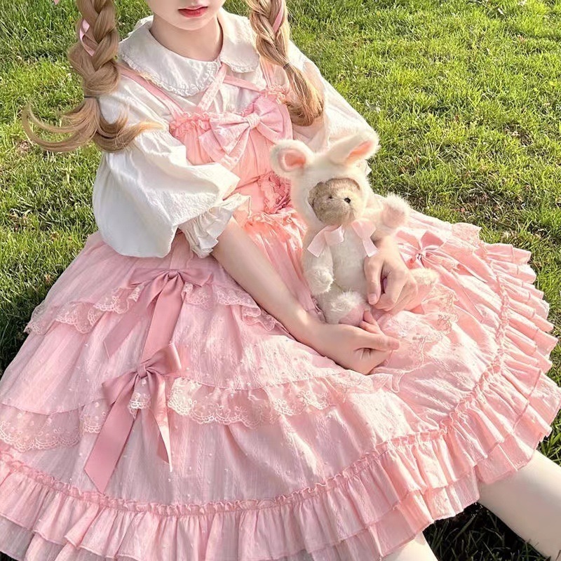 Lolita純綿jskセットワンピースロリータ大童純色レースかわいい日系プリンセススカート