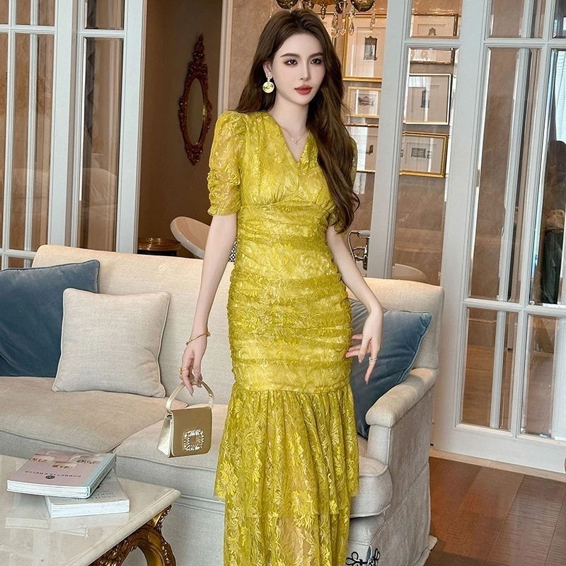 マキシスカート 【JY.上品】 2024夏新品 vネック マーメイド シワ レース ワンピドレス パーティー キャバ 着痩せ 大人 同窓会 披露宴 卒業式 結婚式 演奏会 ウェディング 二次会 メガ割