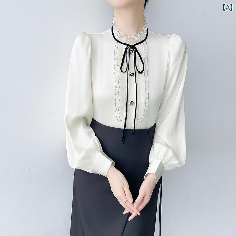 レディース シャツ ブラウス 長袖 春秋 韓国版 白 黒リボンループ フレンチフリル サテン風 フリル立ち襟 フリル装飾 黒ステッチ 前あき ボタン装飾 エレガント 上品 ドレスシャツ