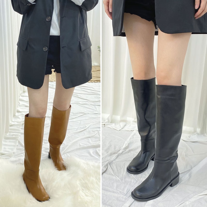 4color シンプル, ベーシックな雰囲気の 無地 4cm．ローヒール ステッチ ワイド デイリーロングブーツ