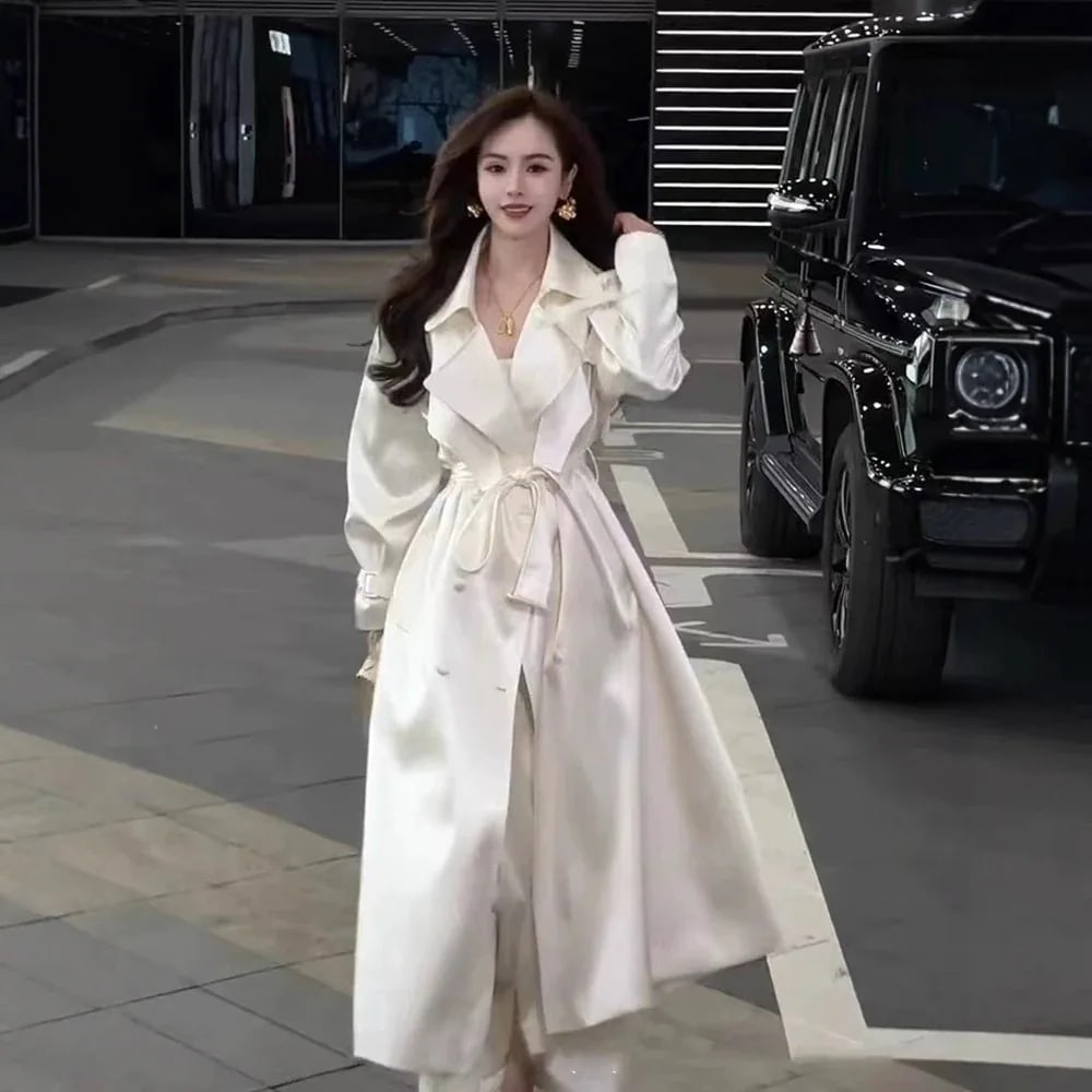 25 新作 薄い ルーズ ファッション 気質 高度なセンス サテン ウエスト ホワイト トレンチコート ジャケット ロング