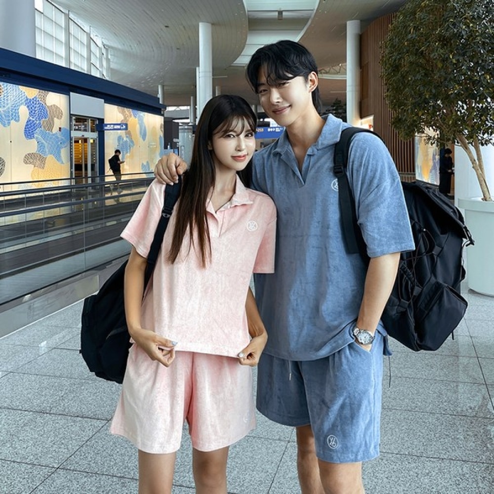 (Vivarup) ワンマイルハネムーンシミラーカップルルック SW20134F エアポートルックデイリーショーツ半袖カラタリーサマースウェットシャツビーチウェア