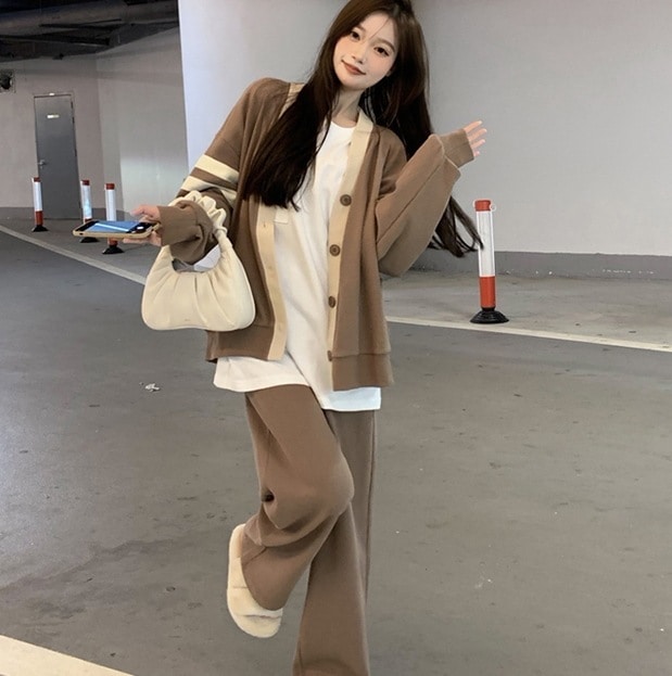 トップス ボトムス パンツ セットアップ カーディガン ストレートパンツ ロング丈 袖あり ボリューム袖 Vネック ワイド ハイウエスト 上下セット 2点セット トップス ボトムス パンツ セットアップ カーディガン