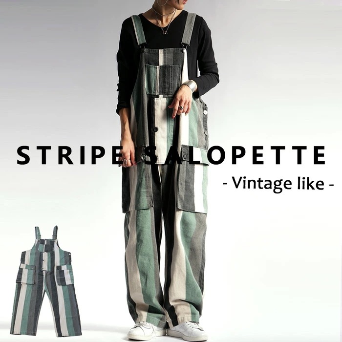 サロペット レディース ロング ボトムス ストライプ柄 送料無料・再販メール便不可