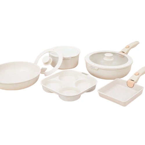 フライパンセット 10点 IH・ガス火対応 取っ手が取れる フライパン 4つ穴円形フライパン 蓋付き ソースパン 鍋セット マーブルコート加工 軽量 びりつきにくい 手入れ簡単 簡単調理 お弁当 家庭