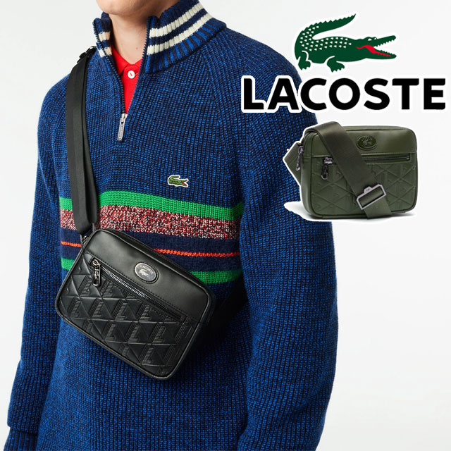 ラコステ モノグラム レザーモノグラムリポーターバッグ メンズ NH4401 ショルダーバッグ レディース 斜め掛け 大人 小さめ コンパクト ポーチ モノグラム柄 本革 牛革 ロゴ スクエア型 黒