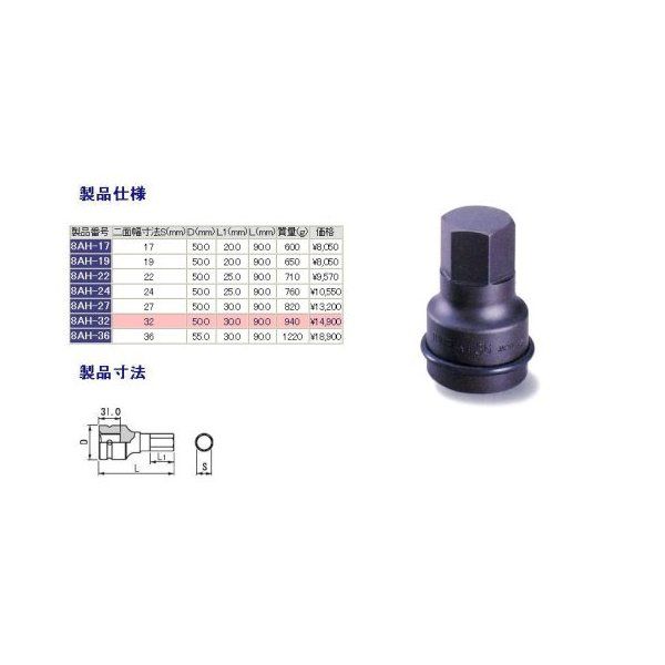 8AH-32 インパクト用ヘキサゴンソケット 差込角:25.4mm 8AH32 メーカー直送