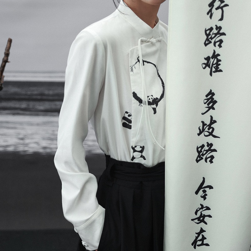 チャイナ風トップス シャツ ブラウス 長袖 秋 パンダ柄シャツ 白 中華風トップス レディース スタンドカラー テンセル