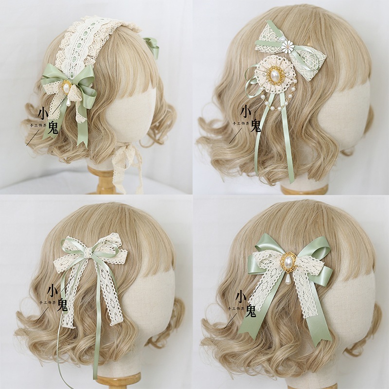 【1点ご購入 で10点プレゼントいたします】レース蝶ネクタイ森系ヘアアクセKCカチューシャ若草色ロリータヘアアクセ