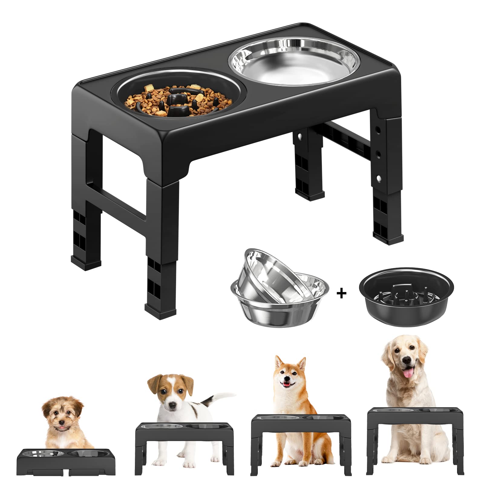 ペットボウル Pawabooフードボウル 台 お皿 中型犬 大型犬 ペット用品 食器 フードスタンド付き 高度調節4段 ステンレスボウル 早食い防止ボウル ペット皿 滑り止め 給餌容器 給水容器 コン
