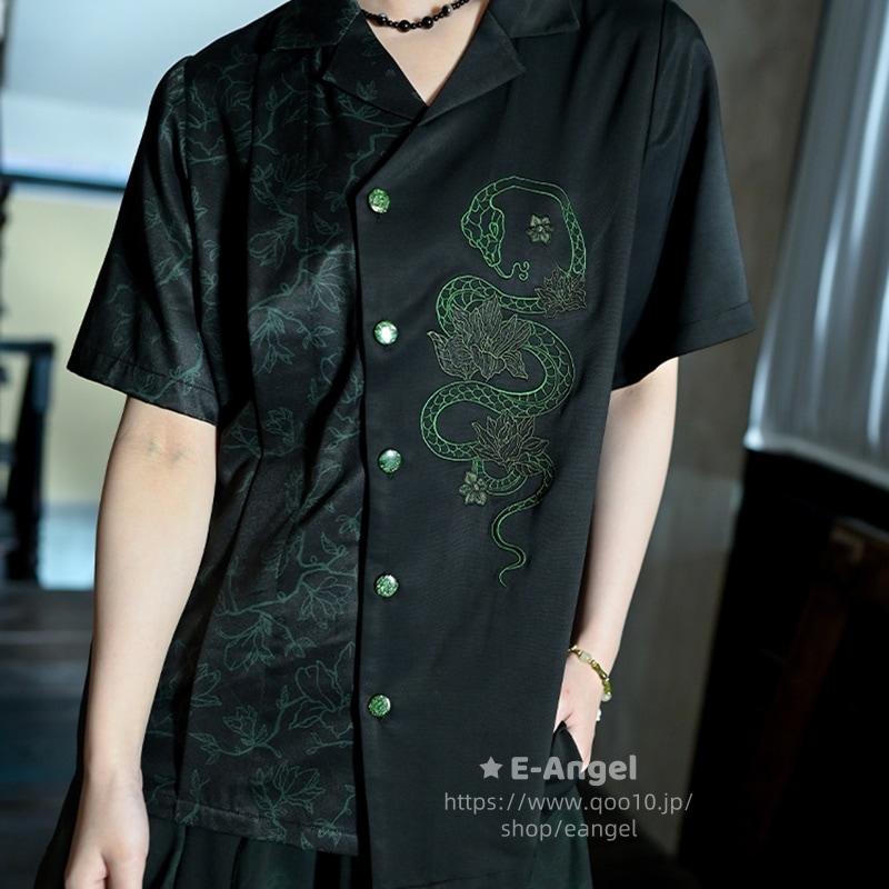 チャイナ風トップス シャツ ブラウス 半袖 レディース 黒色&緑色 暗黒 オリジナル アシンメトリー 蛇刺繍