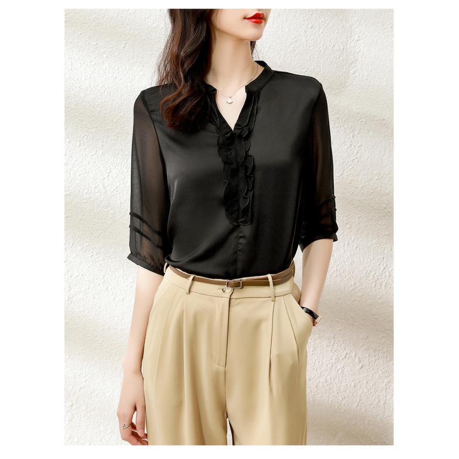 ブラウス レディース シャツ 夏 Vネック 中袖 半袖 シフォン オシャレ 上品 通勤 大人 OL トップス 30代40代50代 オフィス ビジネス