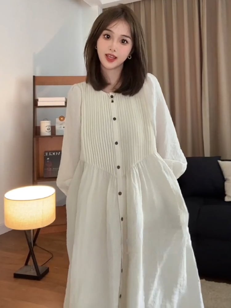 白いドレス子供の秋2023新しいフランスのドレープ緩いロングスカートの茶摩耗シニアセンス