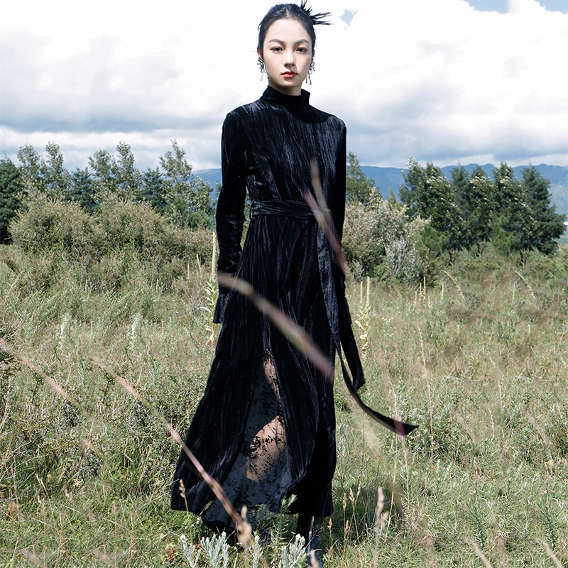 ベルベット ワンピース 秋冬 ベロアワンピース ロング 長袖 黒 切り替え フロッキーチュール スタンドカラー 暗黒風 レトロ 腰括れ 着瘦せ