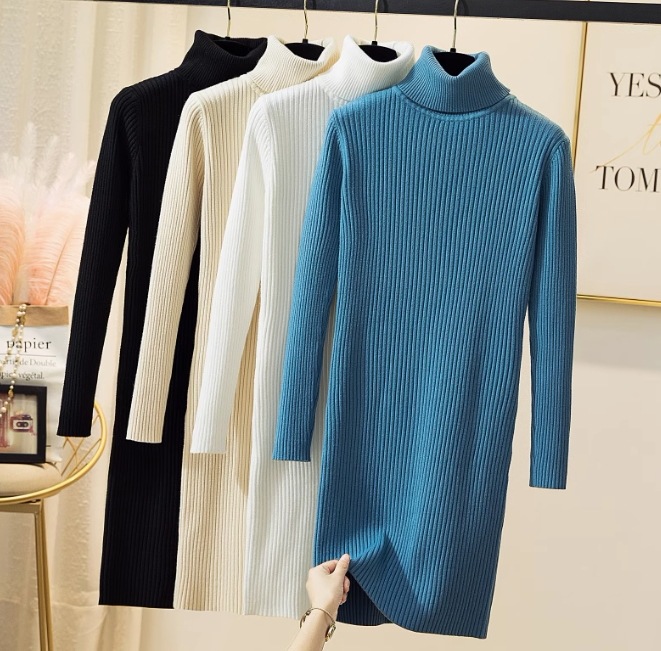 レディース ワンピース ミモレ 長袖 ハイネック タートルネック スリム 細身 ストレート Iライン かわいい 大人可愛い きれいめ シンプル カジュアル 上品 おしゃれ かっこいい レトロ アジアン