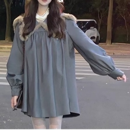 レディース ワンピース プルオーバー シャツワンピ ミニ ショート 長袖 襟付き ビッグカラー ファー かわいい 大人可愛い シンプル カジュアル おしゃれ レトロ ガーリー ルーズ 個性的 ラブリー