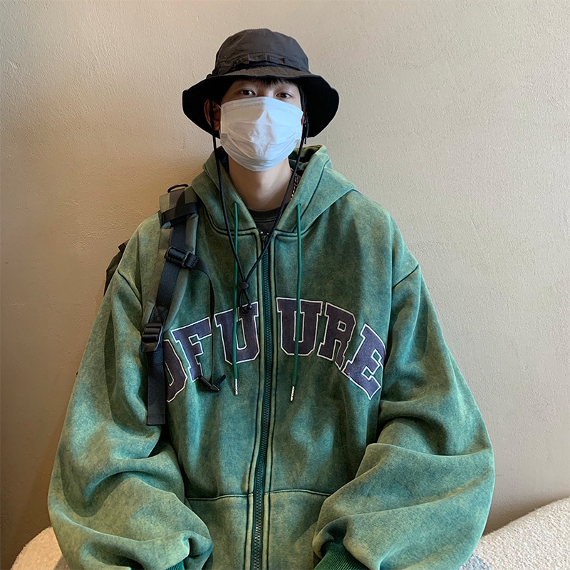 ウォッシュドカーディガンスウェットメンズ春ニッチデザインタイドハイストリート服アメリカンヴィンテージフード付きジャケット