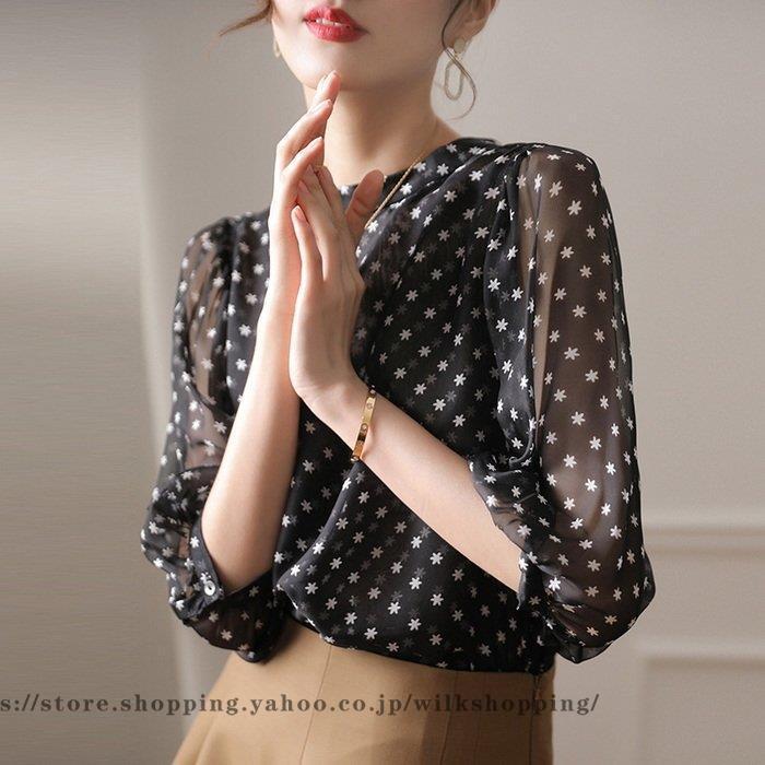 ブラウス レディース 40代 春夏秋新作 オシャレブラウス シフォンブラウス きれいめ花柄 パフスリーブ 五分袖ス 大人通勤 OL ゆったりtシャツ 30代50代