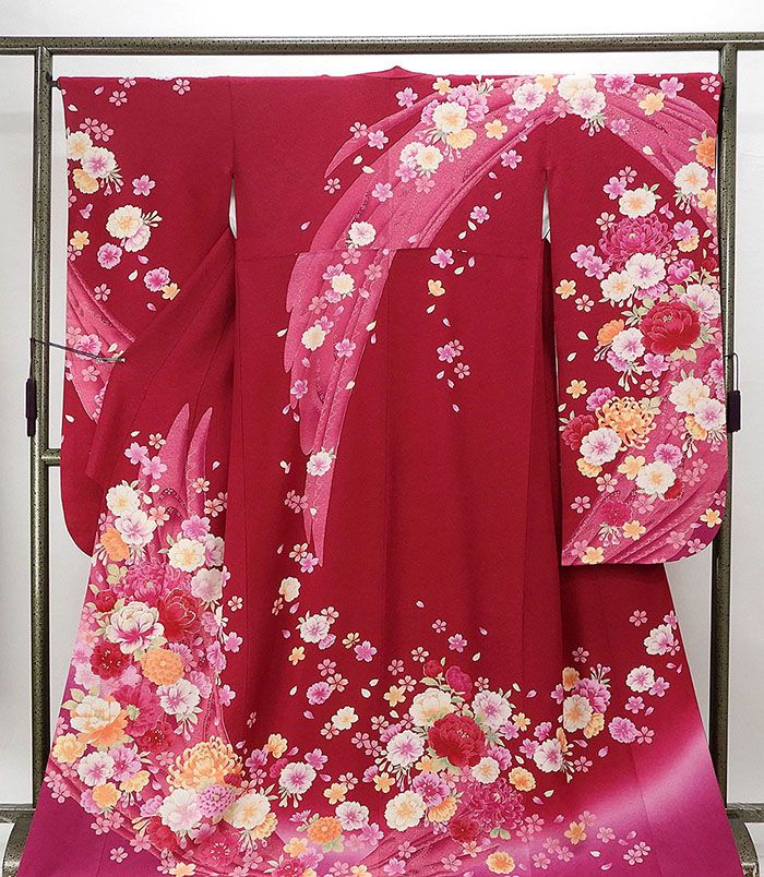 振袖 正絹 花模様 身丈167.5cm 裄丈66.5cm 振袖 美品 リサイクル 着物