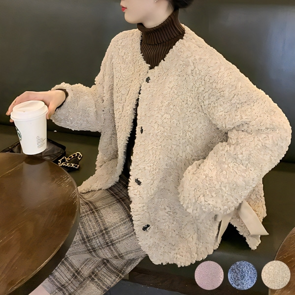 ３色展開 ボアフリースコートレディース アウター ジャケット 羽織り ボア フリース コート 長袖 もこもこ ふわふわ リボン ゆったり ポケット あったか カジュアル こなれ感 キレイめ キュート