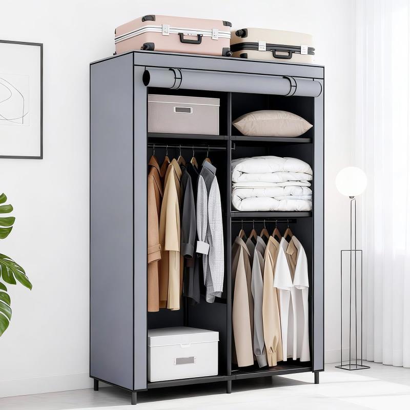 ワードローブ カバー付き クローゼット 大容量 不織布 衣類収納ラック おしゃれ 簡単組み立て式 衣類の保管と整理 ハンガーラック 省スペース防水 防塵 防汚 耐用 日本語説明書付き グレー (幅85