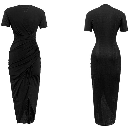 黒 中長 セクシー シック ボディウエスト 女性 薄いドレス ワンピース ワンピドレス 膝丈 膝下 半袖 Vネック マーメイド ウエストマーク スリット ハイウエスト 大人可愛い きれいめ シンプル