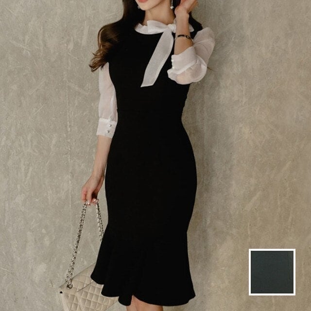 新作 ワンピースドレスワンピース パーティードレス バイカラー シースルー リボン マーメイド 膝丈 七分袖