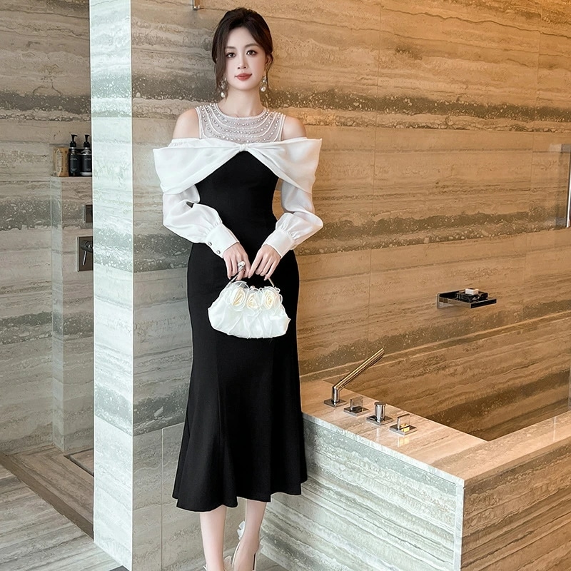 パーティードレス マーメイドドレス ロング丈 長袖 タイトワンピース ゲストドレス 秋冬春 姫系ドレス オケージョンドレス フォーマル ミディアム丈 大人かわいい おしゃれ 上品 お呼ばれ 入園式 卒