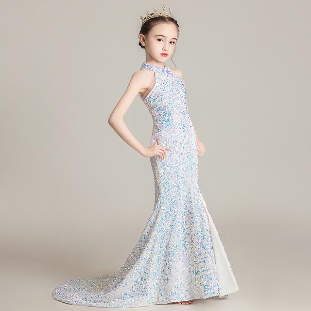 子供 ドレス ロング マキシ丈 マーメイド 大人っぽい かっこいい おしゃれ キッズドレス ピアノ 発表会 女の子 ドレス 子ども 誕生日 結婚式 フォーマル ロング フレア 袖なし ホルターネック