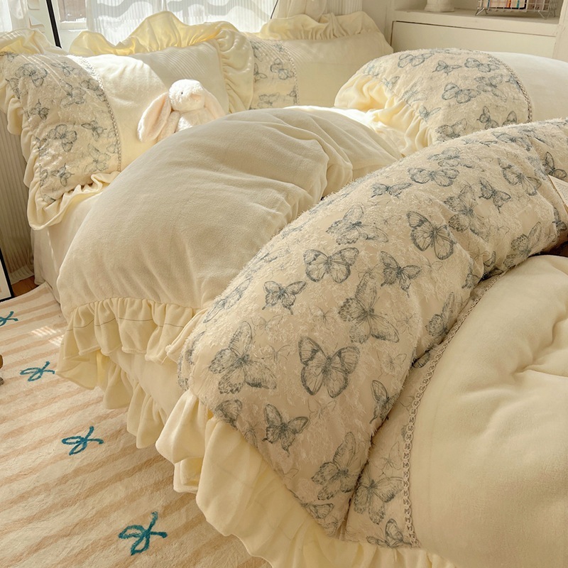 プリンセス風レースミルクレーヨン4点セットa種レースサンゴレーヨン布団カバー冬用加毛シーツ寝具