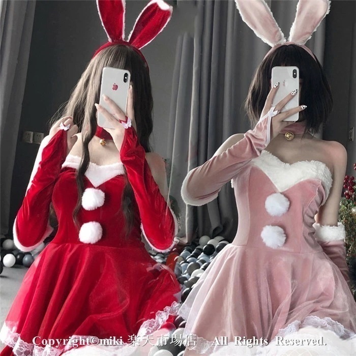 【即納】【5点セット：カチューシャワンピース袖カバー首飾りソックス】 サンタ服 兎耳 うさぎ ウサギ レディース 可愛い サンタコスプレ クリスマス衣装 コスチューム 仮装 演出服 パーティ