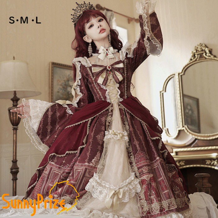 新作ロリータ 可愛い 萌え萌え リボン ワンピース Lolita ロング丈 レディース コスチューム お嬢様 パーティー 仮装 演出 ステージ 学園祭 文化祭 イベント レッド S M L nc002