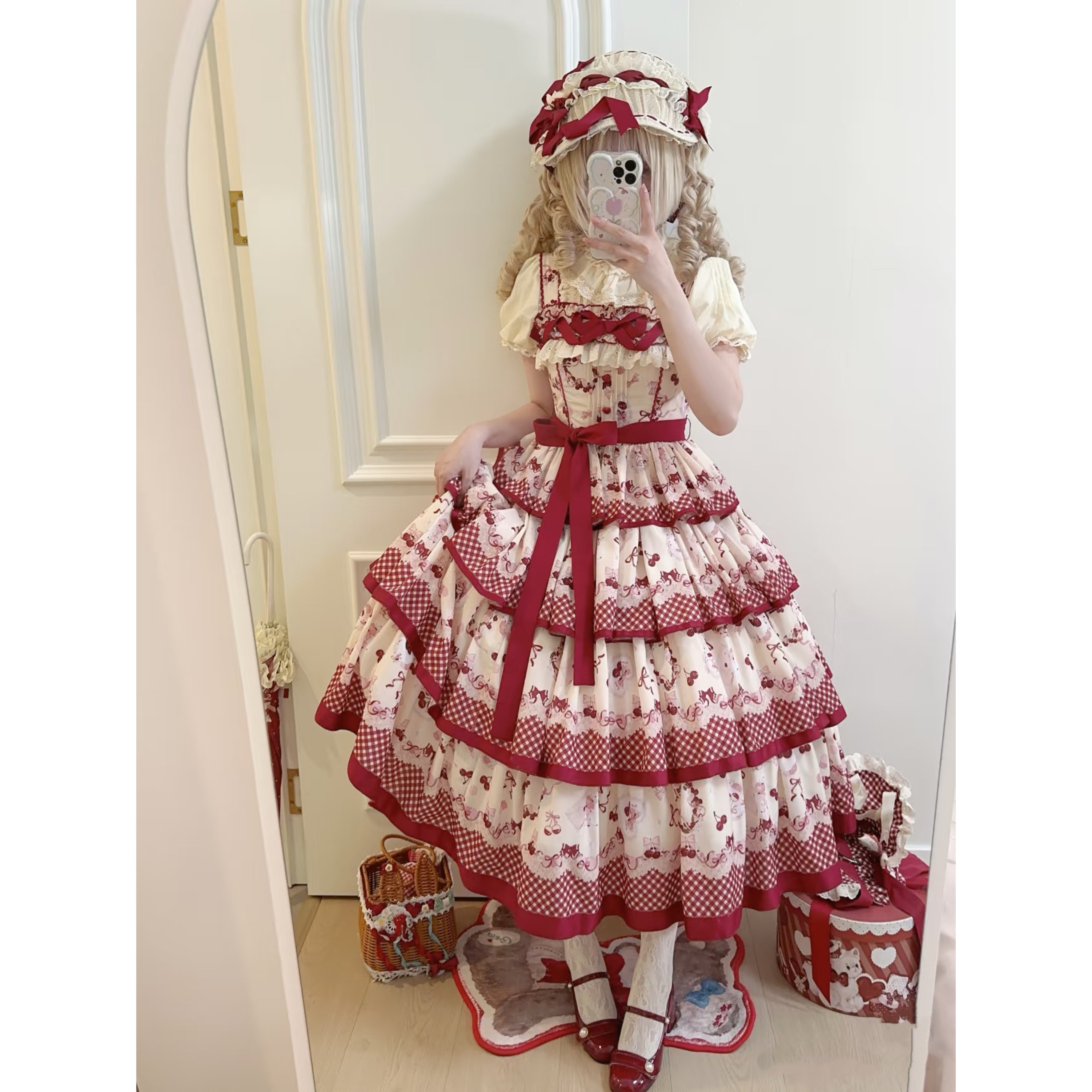 ロリータ夏カスタム全額jsk日常ロングワンピースロリータさくらんぼ田園サスペンダースカート