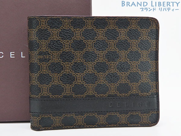 超美品セリーヌヴィンテージマカダムトリオンフ二つ折り札入れ財布コンパクト財布カードケースブラックブラウン