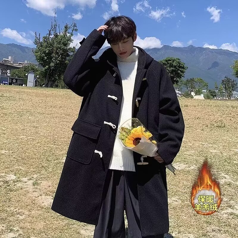 男性用ホーンボタンラムフリースコートプラスファットルーズトレンドブランド冬カップル向けミドル丈ウインドブレーカージャケット