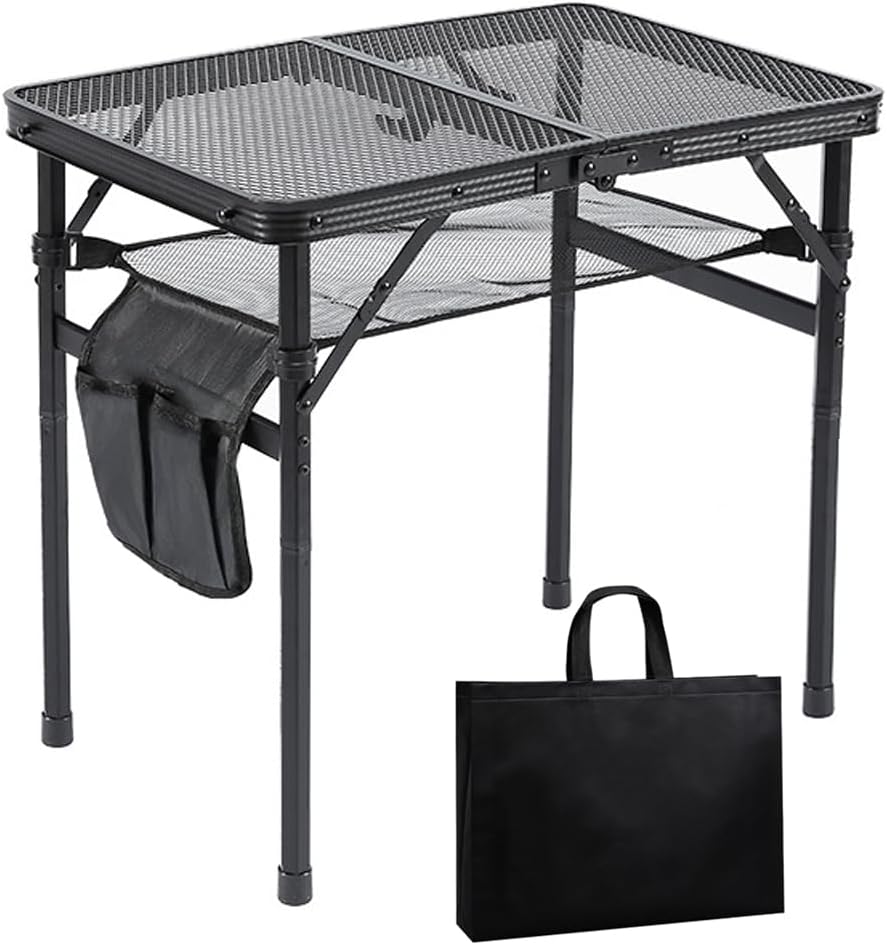 二つ折り式アルミ合金テーブル メッシュ天板 高さ調整可能 耐荷重25kg サイズ60×40 折りたたみ式で軽量コンパクト 収納袋付き