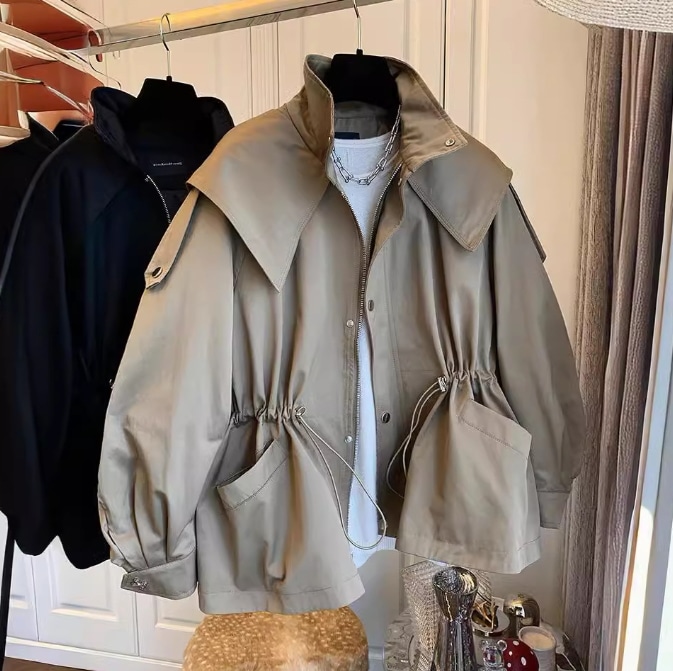 ニッチなゆったりとしたカジュアルなドローストリングウエストワークウェアウィンドブレーカージャケットレディース春と秋のショートスタイル355