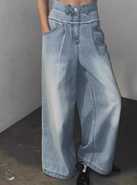 ウォッシュデニム ハイウエスト ワイドパンツ ストレートデニム デニム 春 カジュアル トレンド