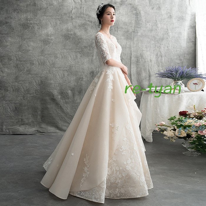 ウエディングドレス Aライン 編み上げ チュール フレアー マキシ丈 フォーマル お呼ばれ 結婚式二