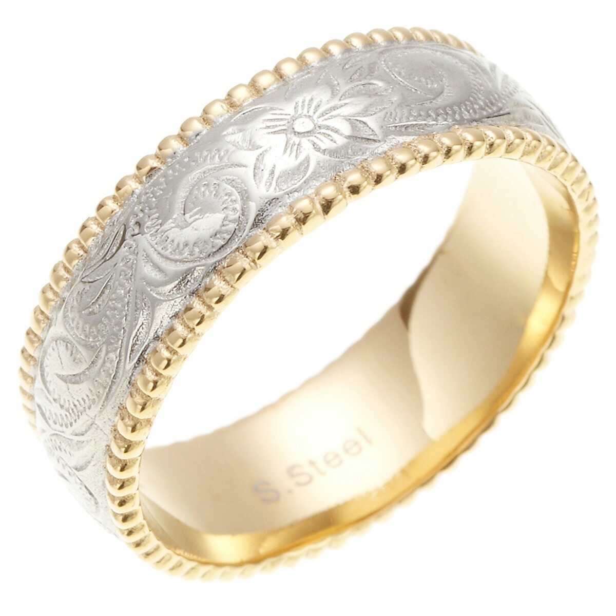 ハワイアンジュエリー リング メンズ サージカルステンレス 彫刻 スクロール 波 プルメリア