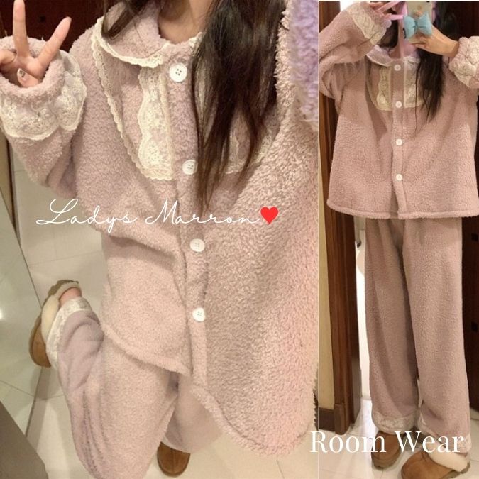 【即納】ルームウェア モコモコパジャマ レディース かわいい パジャマ 部屋着 韓国 上下セット ツーピース セットアップ 無地 丸襟 秋 冬 長袖 可愛い リラックス ナイトウェア 前開き トップス