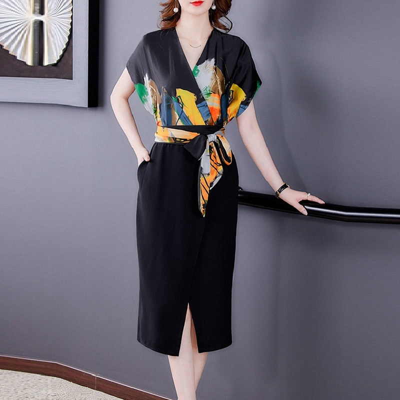 カラフル フロントスリット 美人 ベーシック エレガント きれいめ リボン ホワイト カシュクール 清楚 おしゃれ タイトスカート 半袖 イベント デート ワンピース ブラック 女子会 華やか