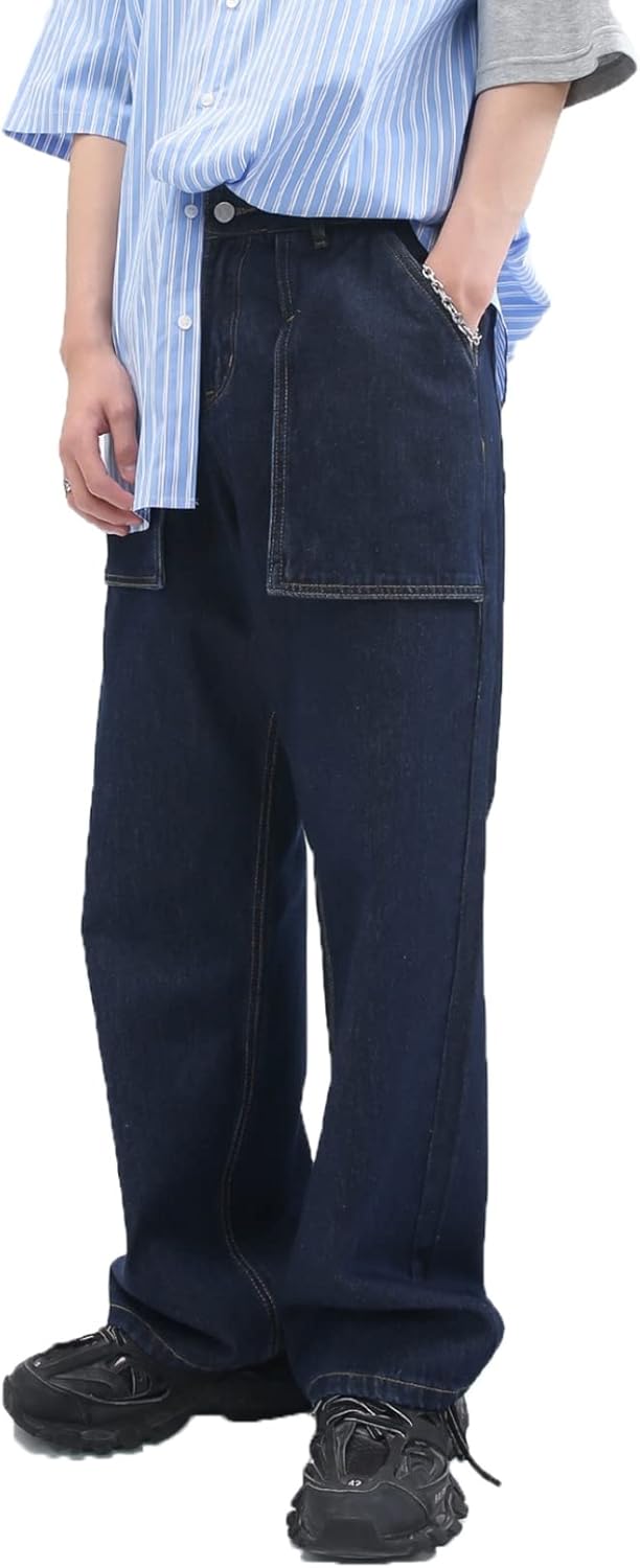 メンズ デニムパンツ ビッグポケット ジーンズ シンプル デザインセンス カジュアル ワイドパンツ ロングパンツ 春 夏 秋 ルーズ バギー 長ズボン 快適 シンプル ウォッシュ加工