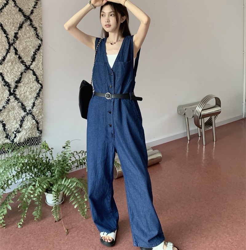 オールインワン ジャンプスーツ オーバーオール デニム ワイドレッグパンツ ノースリーブ Vネック ハイウエスト ルーズ 韓国 レディース かわいい 可愛い キュート 大人可愛い 大人女子