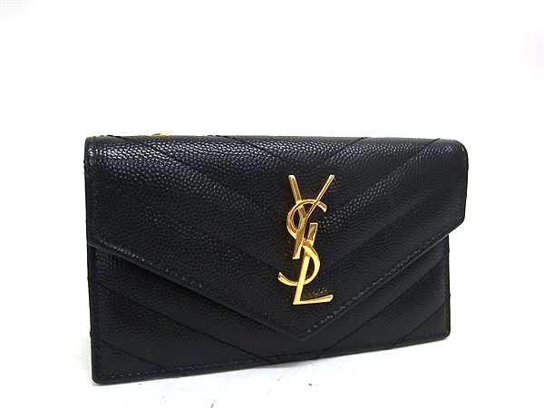 フラグメントケース コインケース カードケース カサンドラ レザー 612808 YSL Vステッチ ゴールド金具 ブラック 名刺ケース パスケース 定期券 カード入れ【本物保証】