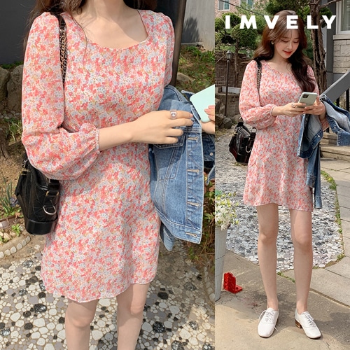 [IMVELY イムブリー公式] レッドフラワーミニワンピース 韓国ファッション ミニワンピース