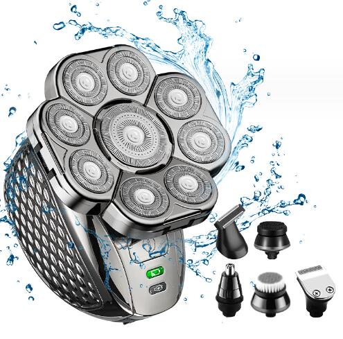 多機能6in1スキンヘッド 9D電動シェーバー メンズシェーバー 防水 男性 鼻毛カッター 洗顔ブラシ 乾湿両用 お風呂剃り可 USB充電式