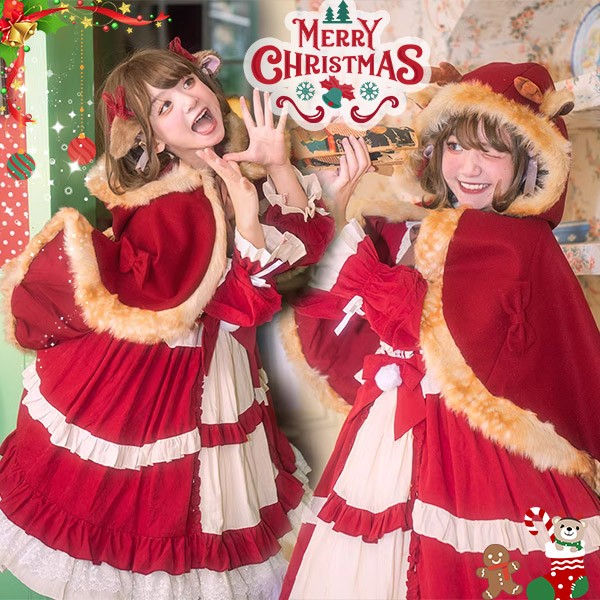 Lolita もこもこ 小鹿のケープ クリスマス 仮装 コスプレ コスチューム こじか しかのみみ 可愛い もり しぜん うさみみ ラビット もふもふ 赤ちゃん かわいい 被り物 かぶりもの コス