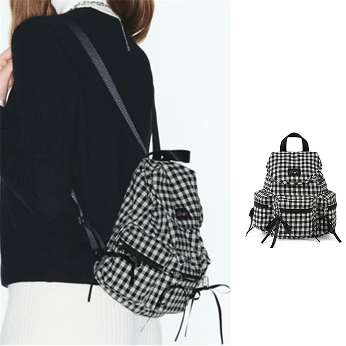 【韓国人気】BERRY POCKET BACKPACK：Check Black