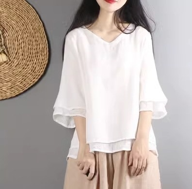 トップス 重ね着風 アジアン 韓国風 プルオーバー 7分袖 七分袖 Vネック フレア Aライン 通気性 きれいめ シンプル カジュアル おしゃれ お洒落 レトロ 女子 こなれ感 ラフ